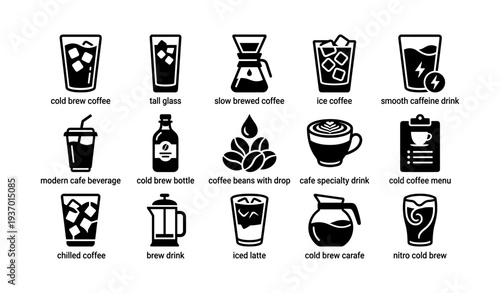 Variety of coffee drinks and brewing tools icons collection