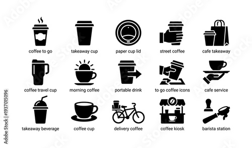 Coffee takeaway icons set: diverse symbols of to-go drinks and services