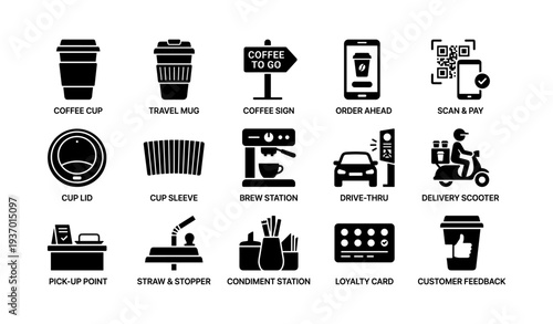 Coffee shop icons set with order, payment, and delivery symbols