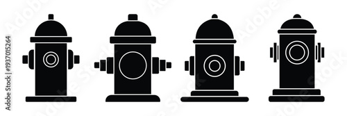 Fire Hydrant Safety Icon Set – Black and White Solid Glyph Vector Illustration Isolated on White Background