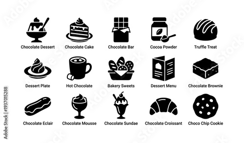 Assorted chocolate desserts icons set featuring cakes brownies and treats