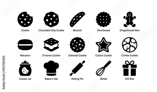 Different types of cookies and baking tools icon set
