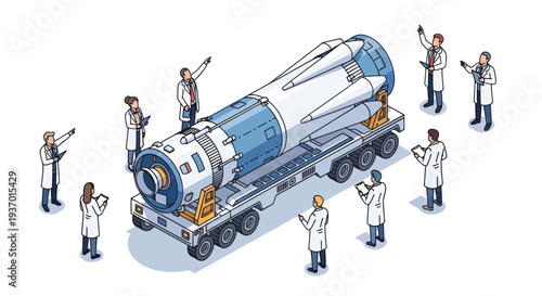 Scientists Inspecting Rocket on Transport Trailer, Space Exploration Team Planning Mission