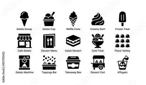 Gelato icons collection: scoop, cup, waffle, swirl, treats, and more