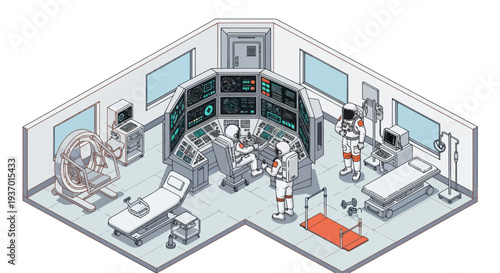 Astronauts in futuristic science lab with advanced technology and medical equipment