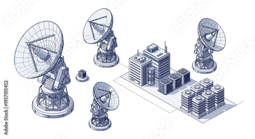 Satellite dishes and modern buildings illustration - technology and communication concept