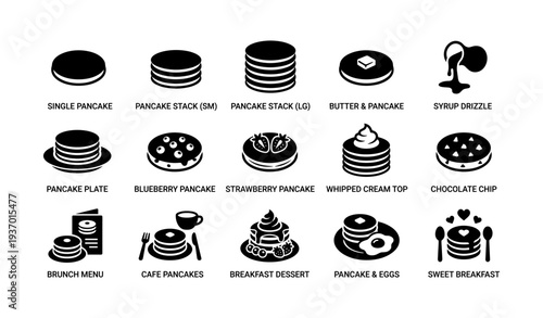 Pancake icons collection featuring whipped cream strawberry blueberry chocolate chip and syrup