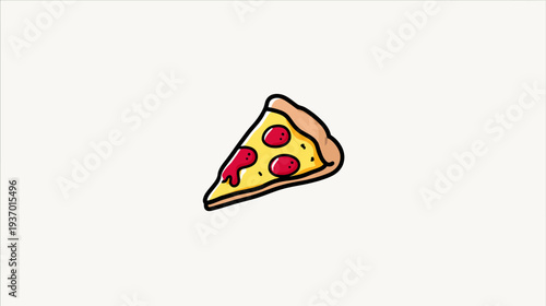 A cartoon depiction of a pizza slice with pepperoni and sauce on a light-colored background