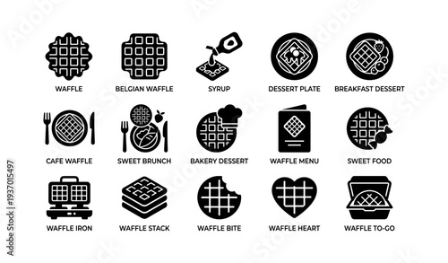 Waffle icons: belgian, syrup, dessert, breakfast, bakery collection