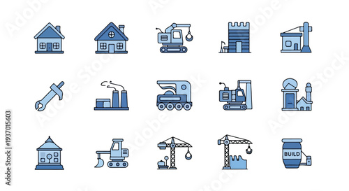 A collection of blue-toned, outlined vector icons representing various construction machinery, residential and industrial buildings, and related tools.