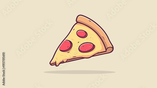 A cartoon-style illustration of a pizza slice with pepperoni floating over a beige background