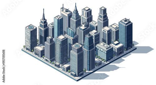 Pixel Art Isometric Cityscape with Tall Buildings and Skyscrapers