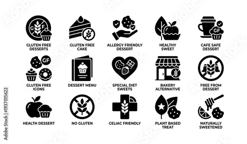 Gluten-free desserts icons set featuring healthy allergy-friendly alternatives
