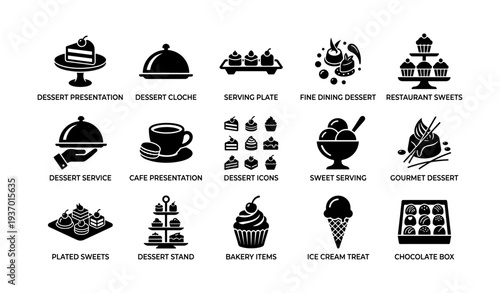 Dessert icons silhouette set featuring cakes, ice cream, gourmet presentation