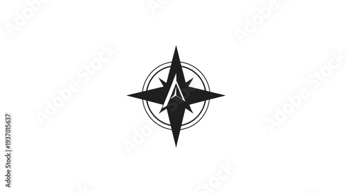 A stark black and white illustration of a compass rose symbol set on a white background