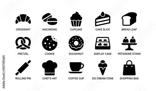 Icon set of bakery and pastry items including croissant, macarons, and cupcake