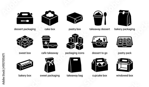 Variety of dessert packaging icons including cake box and takeaway options