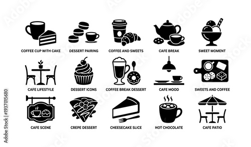 Coffee and sweets icons featuring cafe lifestyle with desserts and beverages