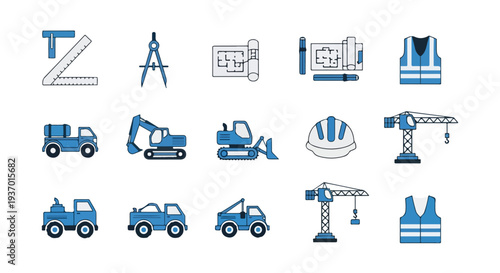 Vector icons in blue and grey illustrating construction and engineering tools, blueprints, heavy vehicles, safety gear, and cranes.