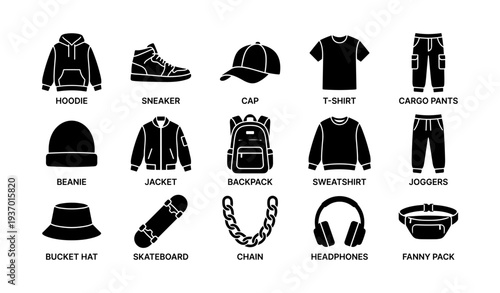 Collection of streetwear fashion items including hoodie, sneakers, and accessories in icon style
