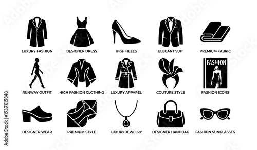 Luxury fashion icons featuring designer wear and couture style