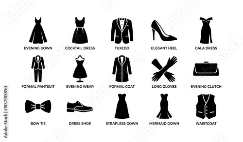 Formal wear icons: evening gown, tuxedo, cocktail dress, elegant heel, accessories