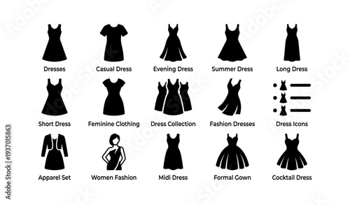 Variety of dresses and fashion icons in modern clothing styles