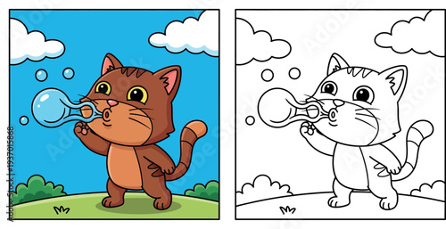 Cute cartoon brown cat blowing big soap bubble on green grass, funny kitten playing outdoors in nature