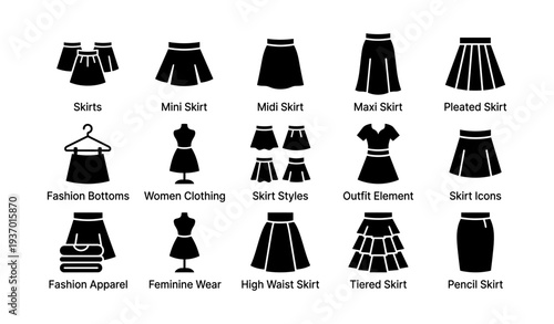 Variety of skirt icons: mini, midi, maxi, pleated, pencil, fashion elements