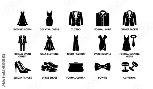 Elegant formal wear icons: dresses, suits, shoes, accessories