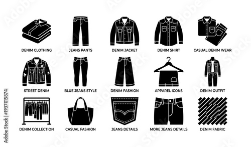 Denim clothing collection: jackets, jeans, shirts, and accessories icons