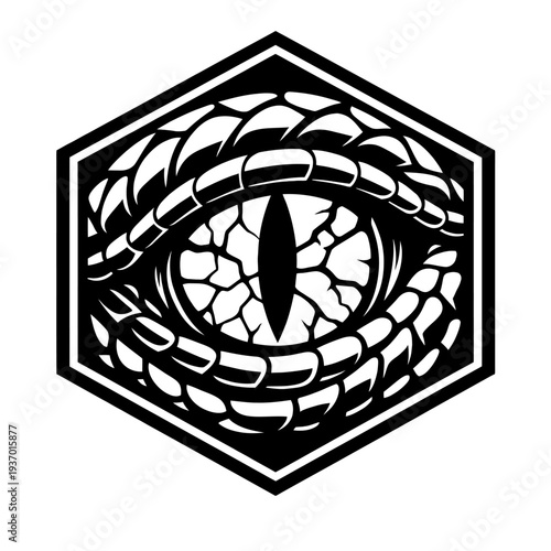 Black and white reptilian eye in a hexagon. Vertical pupil, detailed scales. Vector design. Perfect for fantasy, tattoos, gaming, branding. Fierce dragon or snake gaze. Monochromatic, ancient, powerfu