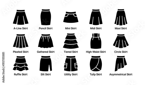 Various types of skirts: a-line, pencil, mini, midi, maxi, pleated, gathered, tiered, high-waist, circle