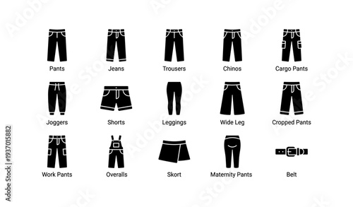 Variety of pants and bottoms: jeans, chinos, leggings, shorts, cargo, overalls, skort