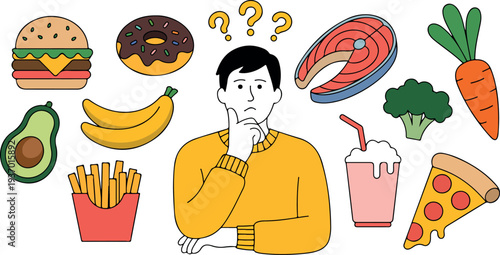 Person deciding between healthy fruits vegetables and unhealthy fast food in nutrition choice concept modern flat vector illustration