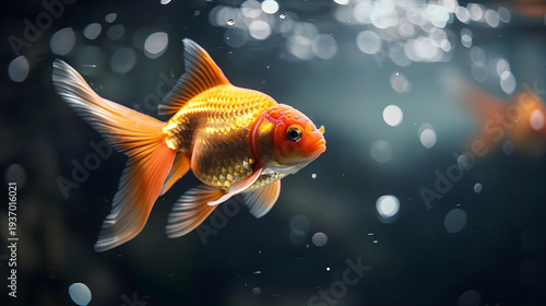 A vibrant orange and gold goldfish swimming underwater in an aquarium. Close-up of a pet fish with bokeh lights in the background