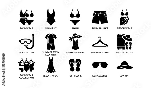 Summer swimwear icons: swimsuits, bikinis, trunks, and beach accessories