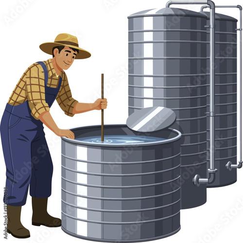 Industrial worker stirring liquid in a large metal tank at a processing facility