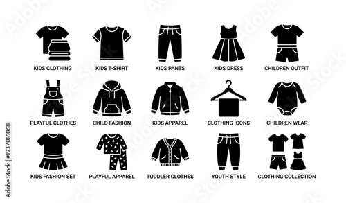 Children’s clothing icons collection: t-shirts, dresses, pants, playful outfits, fashion set