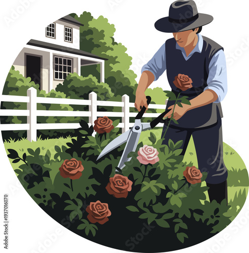 Homeowner using large shears to prune rose bushes in a beautiful garden