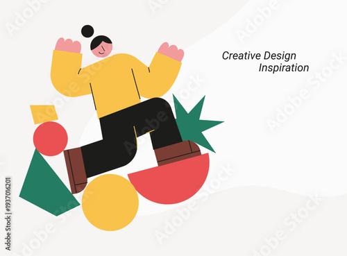 Creative design inspiration with woman jumping on geometric shapes showing celebration and joy. Flat design vector illustration for creativity, design and artistic inspiration concepts.