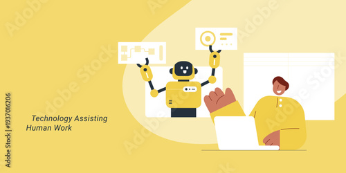 Technology assisting human work with robot AI assistant showing collaboration and automation. Flat design vector illustration for AI assistance, productivity and workplace technology concepts.
