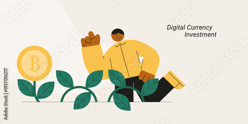 Digital currency investment with man and bitcoin showing cryptocurrency growth and profit. Flat design vector illustration for cryptocurrency, blockchain and digital asset investment concepts.