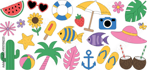 Summer beach doodle elements vector set with watermelon pineapple starfish umbrella camera and tropical vacation accessories illustration