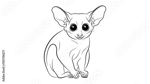 Gentle Bushbaby Portrait: A captivating line drawing captures the endearing features of a bushbaby, highlighting its large eyes and distinctive ears. The delicate linework brings the bushbaby to life.