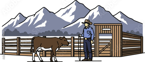 Rancher standing with a cow inside a wooden fenced pen