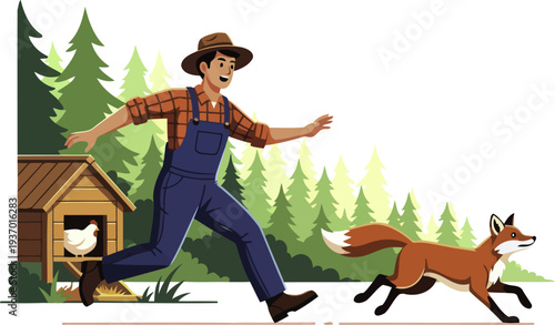 Protective farmer chasing a red fox away from a chicken coop in the woods