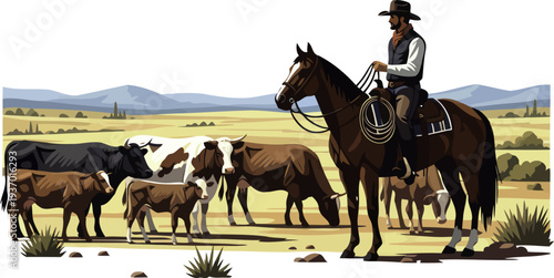 Western cowboy on horseback herding a group of cattle