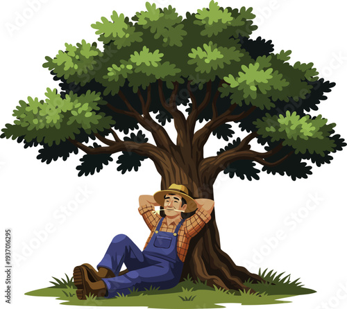 Tired agricultural worker taking a break while leaning against a large oak tree