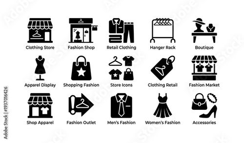 Fashion store icons: apparel, shopping, clothing, boutiques, accessories